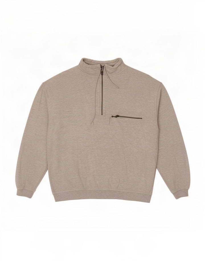 Felpa vintage da uomo con collo con zip, maglione grande, cotone grigio