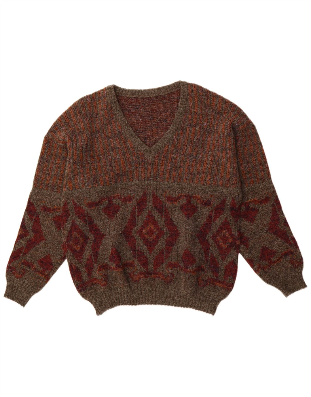 Maglione da uomo con scollo a V VINTAGE IT 48 Marrone medio a rombi/diamante