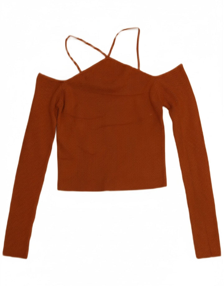 ZARA Womens Crop Knit Off Shoulder Top UK 12 Medium Brown Viscose