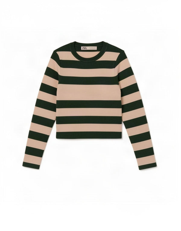 Top Zara da donna a maniche lunghe UK 8 Small in viscosa a righe verdi