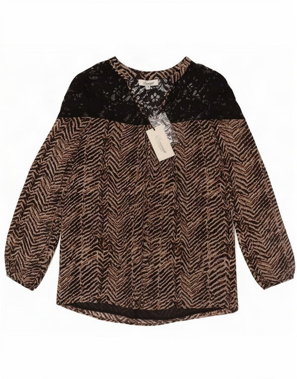 Top camicetta a maniche lunghe da donna vintage UK 12 Poliestere Chevron marrone medio