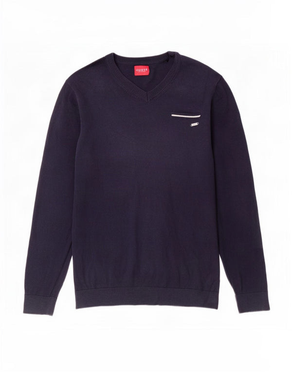 Guess Maglione da uomo con scollo a V in cotone medio blu navy