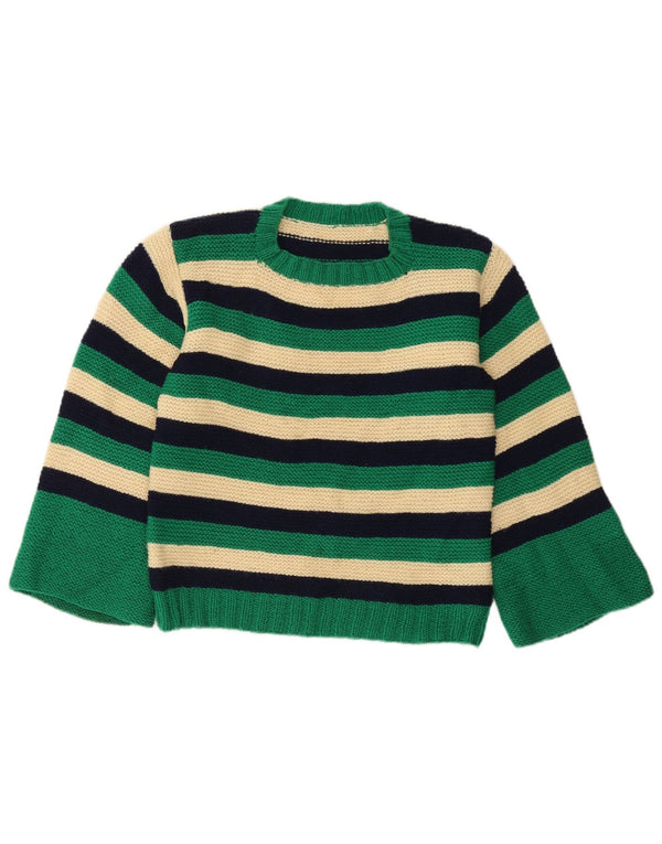 Maglione maglione girocollo da donna vintage UK 10 piccolo verde a righe