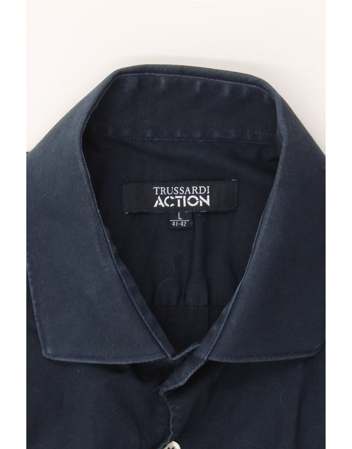 TRUSSARDI Mens Shirt Size 41/42 Large Navy Blue Cotton Vintage Trussardi and Second-Hand Trussardi from Messina Hembry 