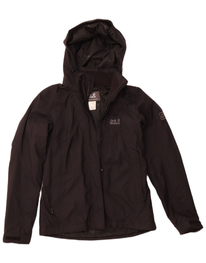JACK WOLFSKIN Giacca a vento con cappuccio da donna UK 10 Small Nero Poliammide