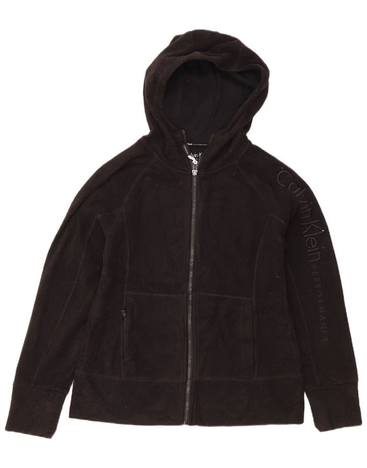 Giacca in pile con cappuccio grafico da donna Calvin Klein UK 10 Small Nera