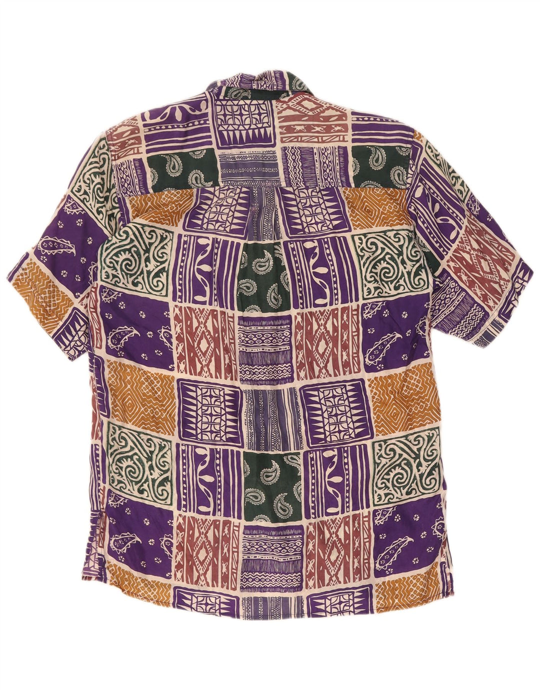 Camicia a maniche corte da donna vintage UK 14 Grande seta patchwork multicolore