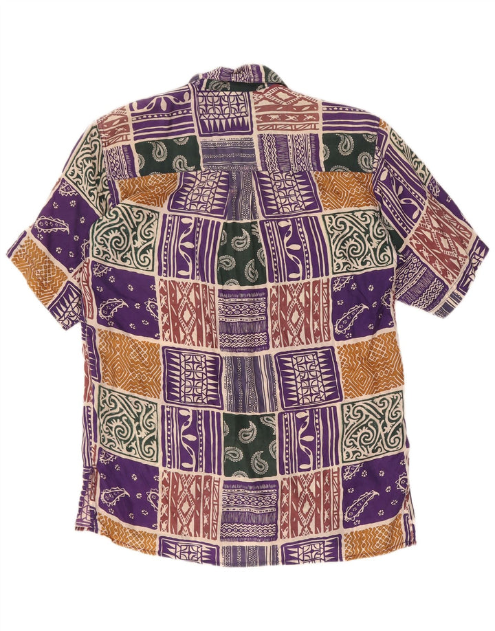 Camicia a maniche corte da donna vintage UK 14 Grande seta patchwork multicolore