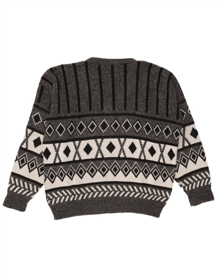 Maglione vintage da uomo con scollo a V, grande grigio a rombi/acrilico con diamanti