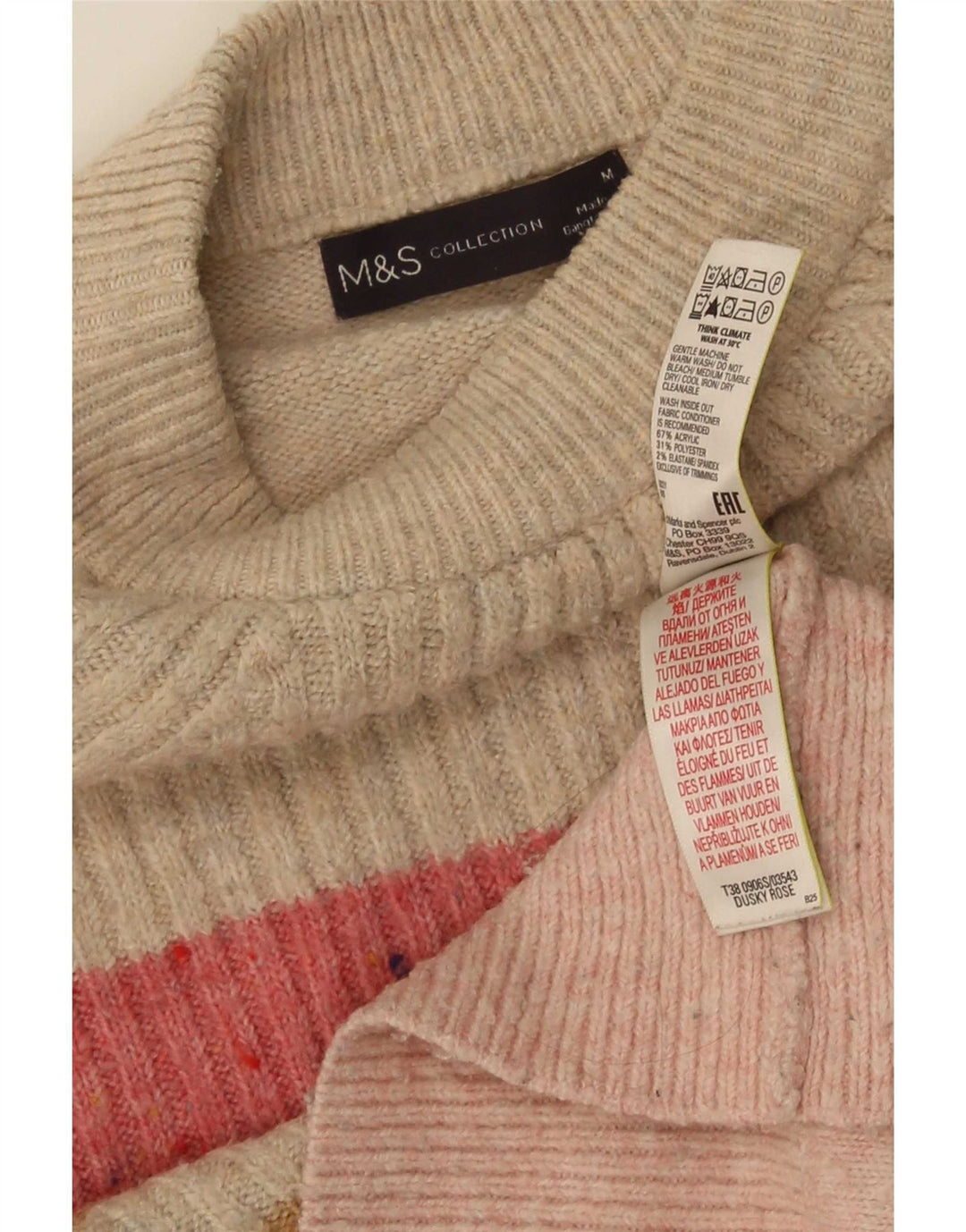 Maglione maglione girocollo da donna Marks & Spencer UK 16 a righe rosa medio
