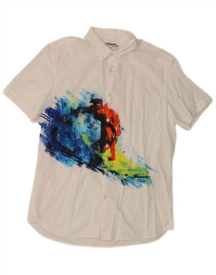 Desigual Camicia a maniche corte da uomo con motivo astratto, grande, bianca