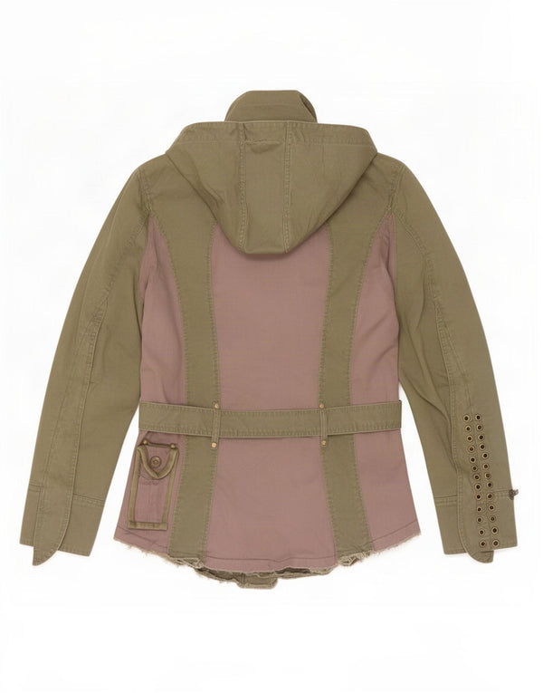 Guru Womens Hooded Military Jacket UK 16 Large Khaki Colourblock Cotton