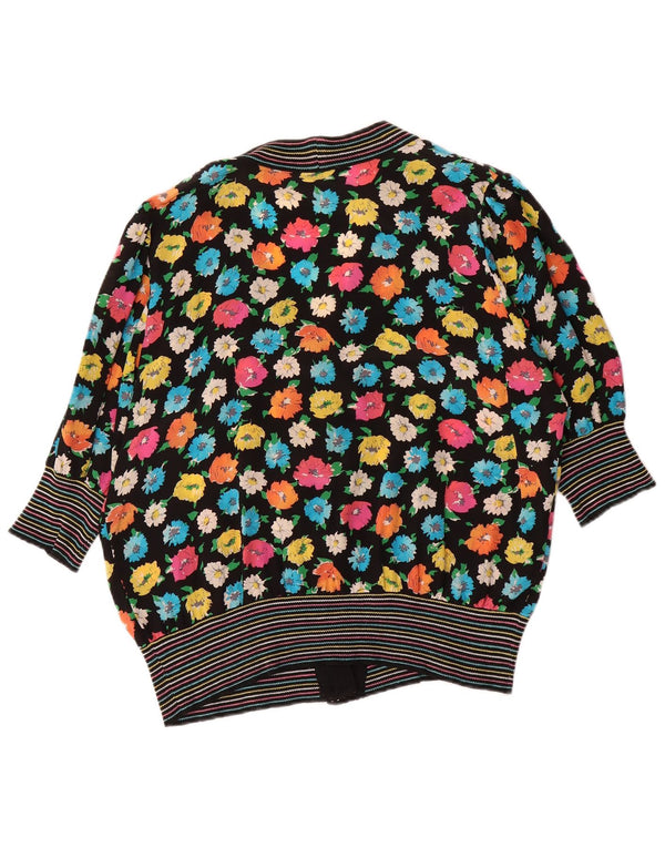 Top cardigan vintage da donna a mezza manica IT 46 Large nero floreale in seta retrò