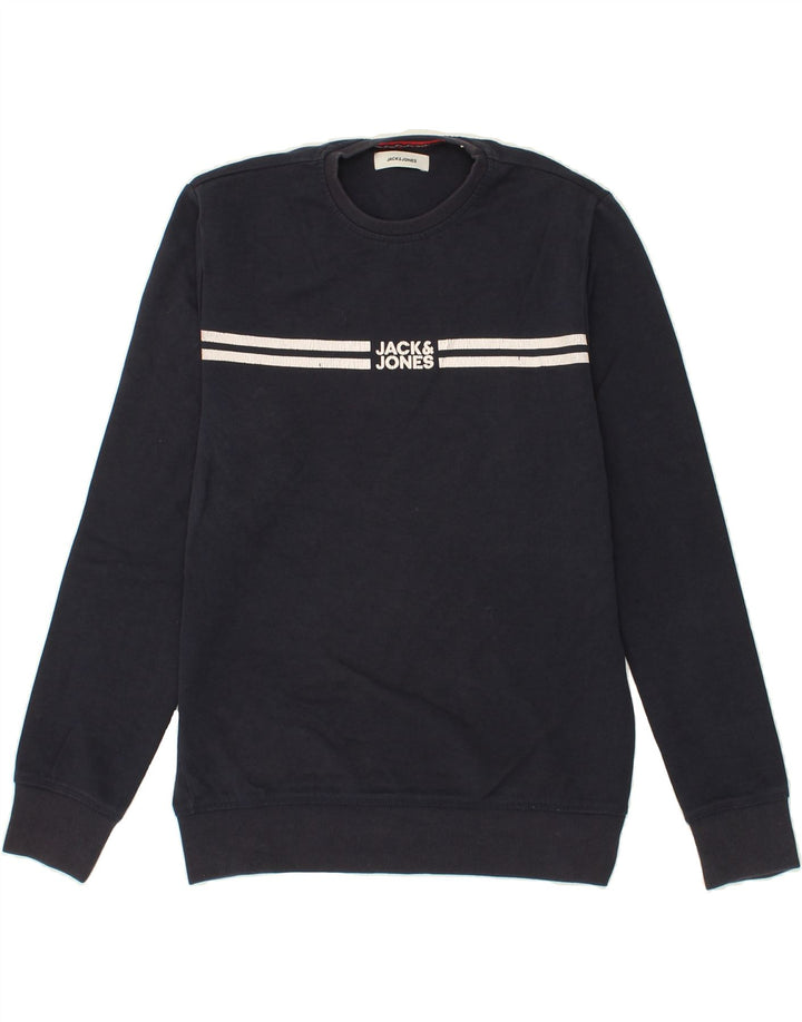 JACK & JONES Mens Graphic Sweatshirt Jumper Small Navy Blue Cotton Vintage Jack & Jones and Second-Hand Jack & Jones from Messina Hembry 