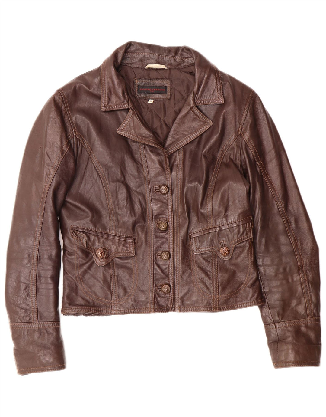 Sandro Ferrone Giacca in pelle corta da donna UK 18 XL Marrone