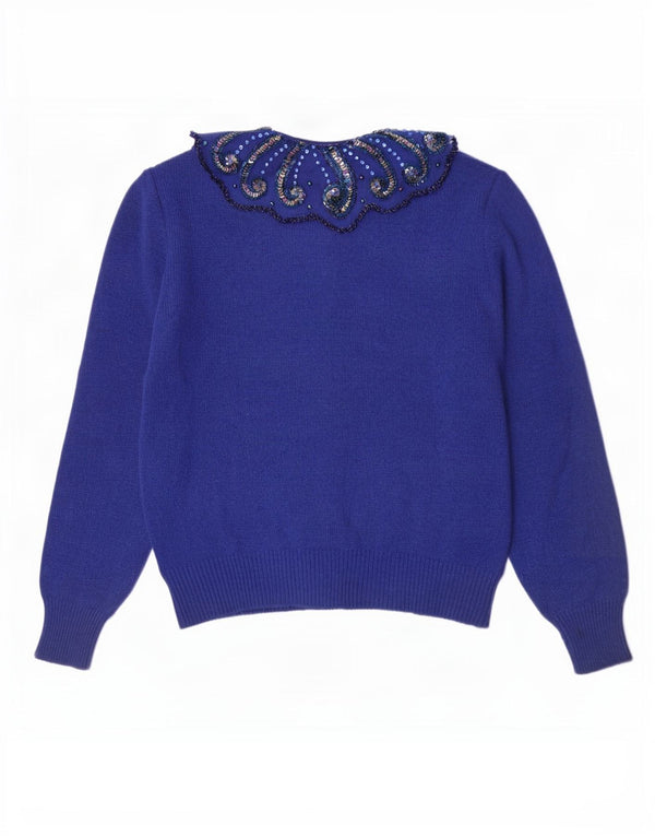 Maglione cardigan da donna vintage IT 44 lana blu medio