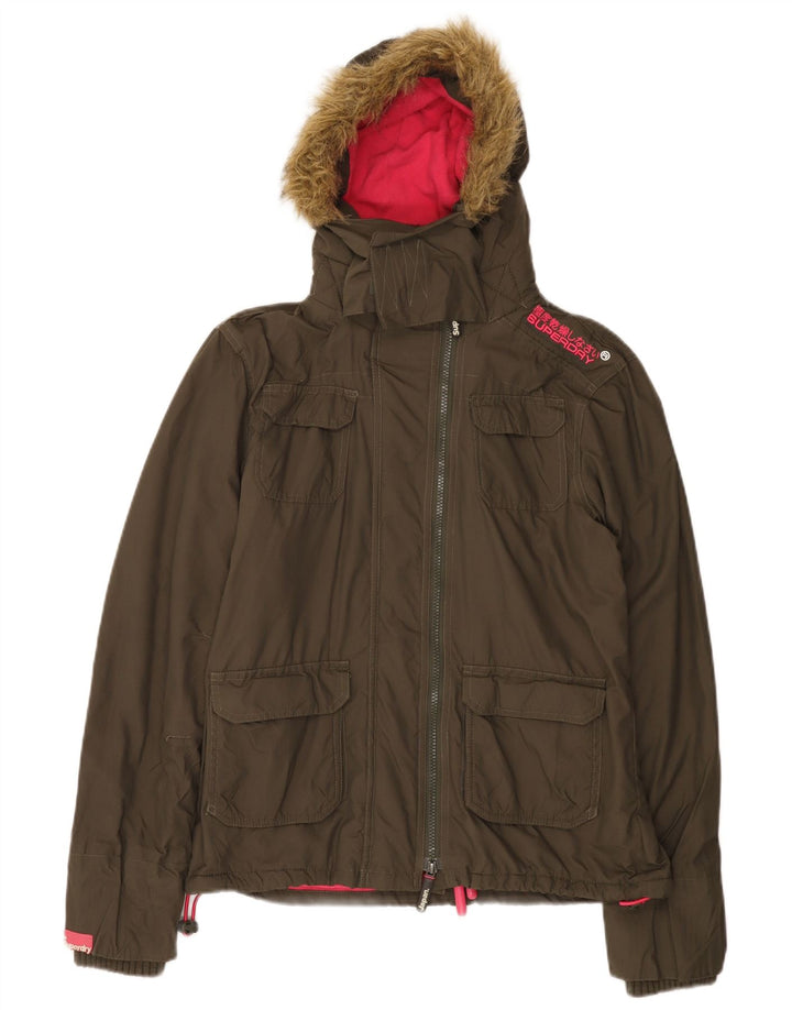 Giacca a vento con cappuccio da donna Superdry UK 16 grande nylon kaki