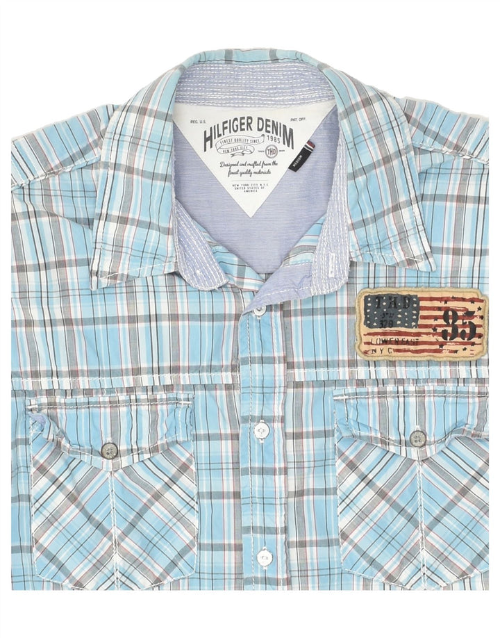 TOMMY HILFIGER Mens Short Sleeve Shirt Medium Blue Check Vintage Tommy Hilfiger and Second-Hand Tommy Hilfiger from Messina Hembry 