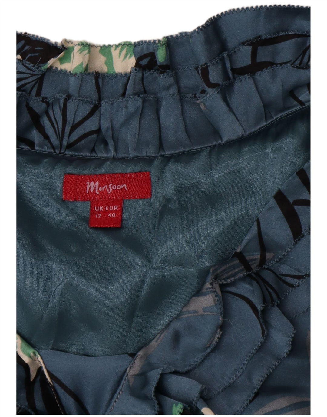 Monsoon Abito da donna a trapezio con volant sul davanti UK 12 Seta floreale blu medio