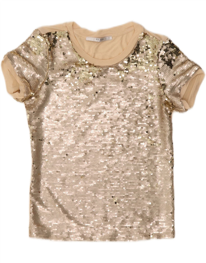 Guess Camicetta con paillettes da donna Top UK 10 Small Beige