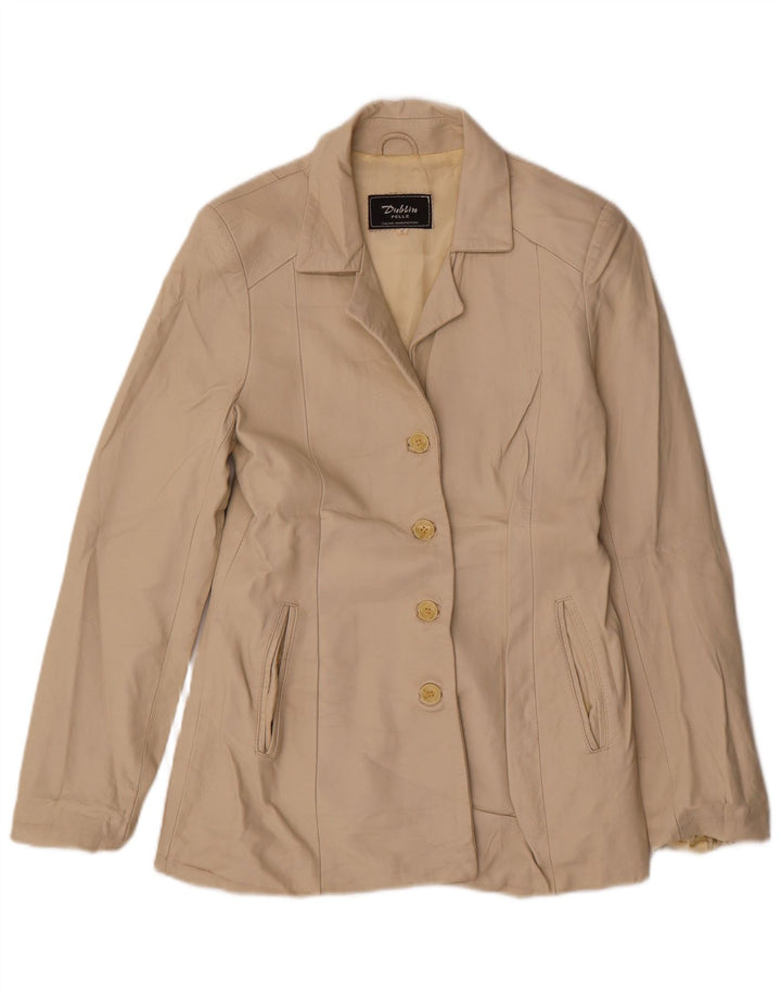 Giacca blazer in pelle vintage da donna a 4 bottoni UK 10 piccola pelle beige