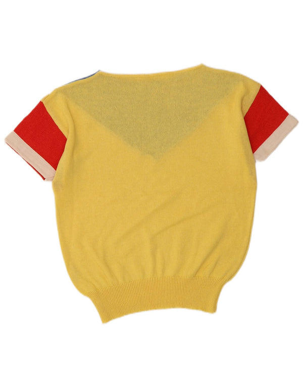 Maglione maglione vintage da donna con scollo a barca UK 10 piccolo color block giallo