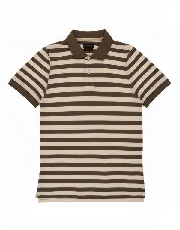 Massimo Dutti Mens Polo Shirt Large Brown Striped Cotton