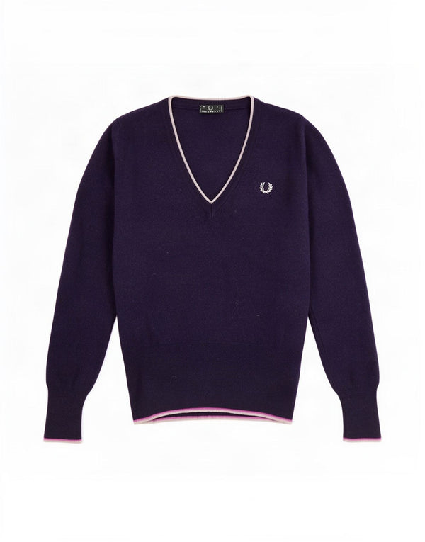 Maglione da donna con scollo a V Fred Perry UK 8 Small Lana blu navy