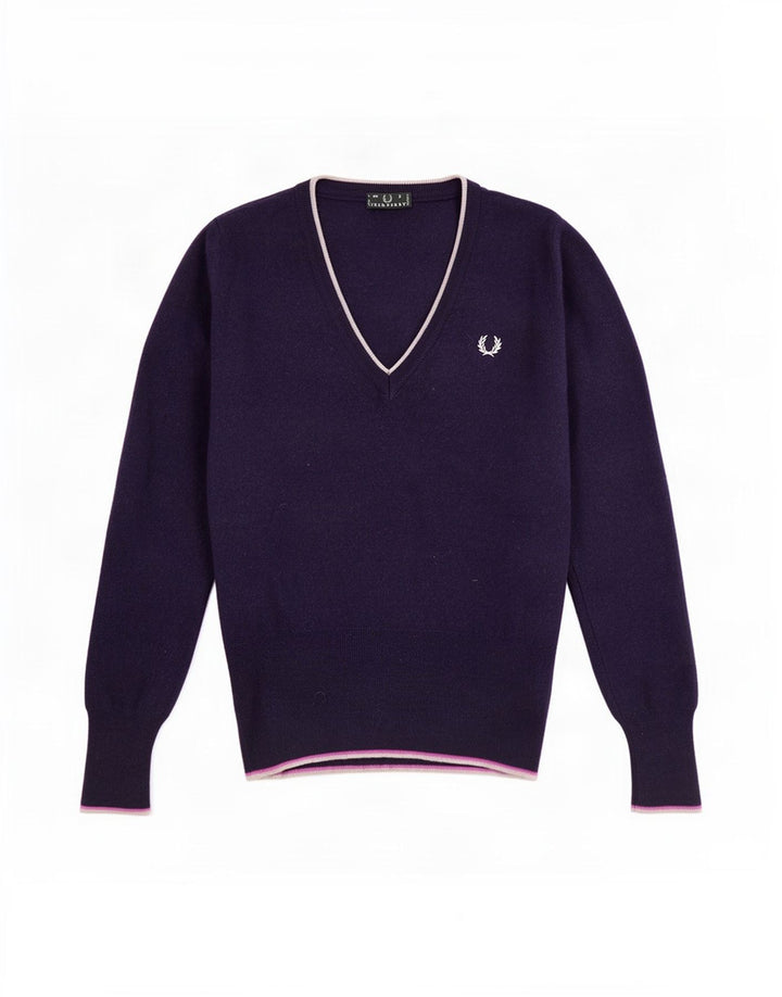 Maglione da donna con scollo a V Fred Perry UK 8 Small Lana blu navy