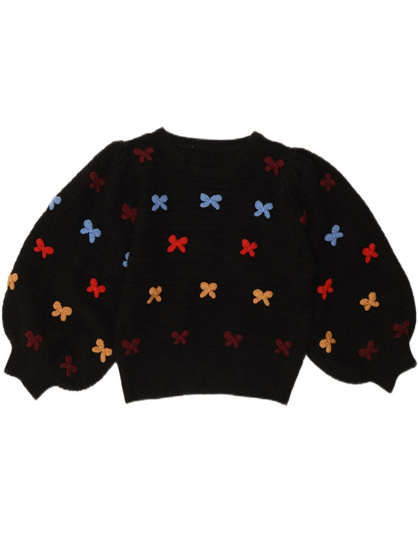 Maglione maglione girocollo da donna vintage con motivo astratto UK 10 piccolo nero