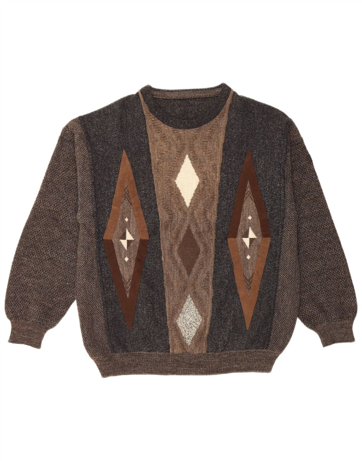 Maglione maglione girocollo da uomo VINTAGE IT 50 grande lana geometrica marrone