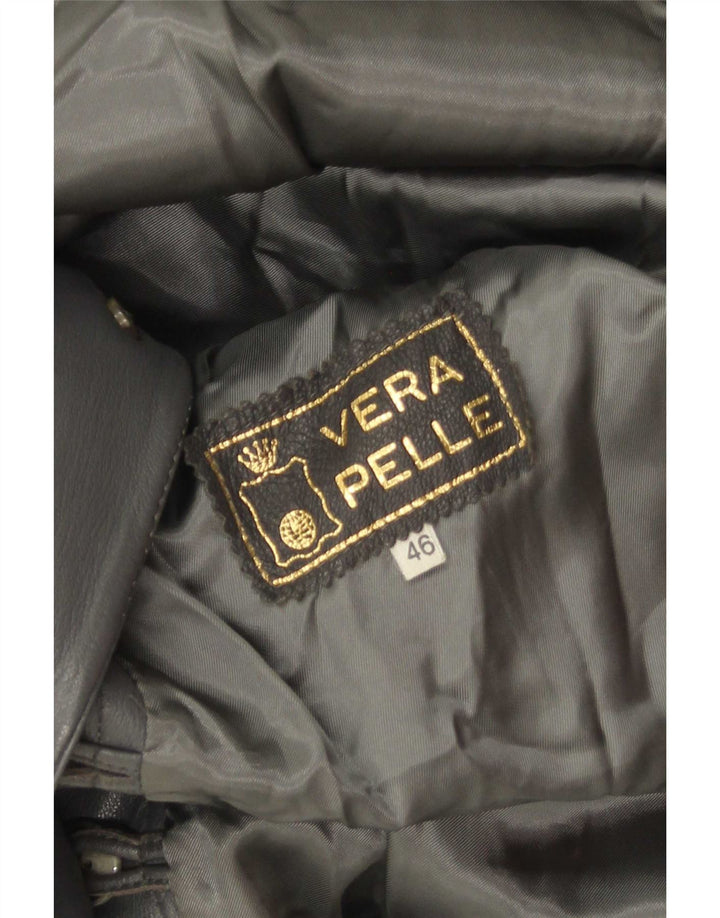 Giacca da donna vintage in pelle avvolgente IT 46 grande in pelle grigia