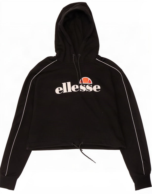 Ellesse Womens Crop Graphic Hoodie Jumper UK 12 Medium Black Cotton