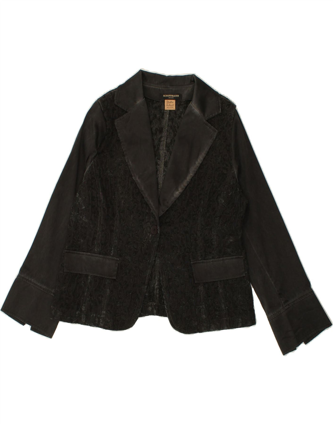 SCHIFFHAUER MUNICH Womens 1 Button Blazer Jacket UK 14 Medium Black Floral Vintage SCHIFFHAUER MUNICH and Second-Hand SCHIFFHAUER MUNICH from Messina Hembry 