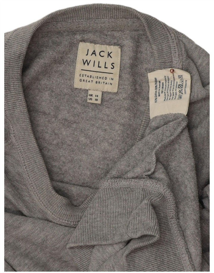 JACK WILLS Felpa con grafica da donna Maglione UK 14 Large Grey Flecked