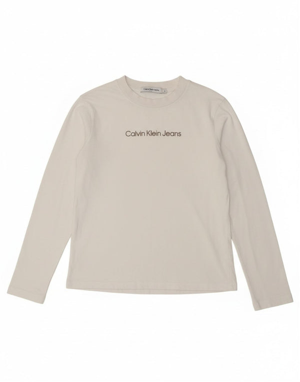 Calvin Klein Jeans da donna Crop Graphic Top manica lunga UK 6 XS Cotone bianco