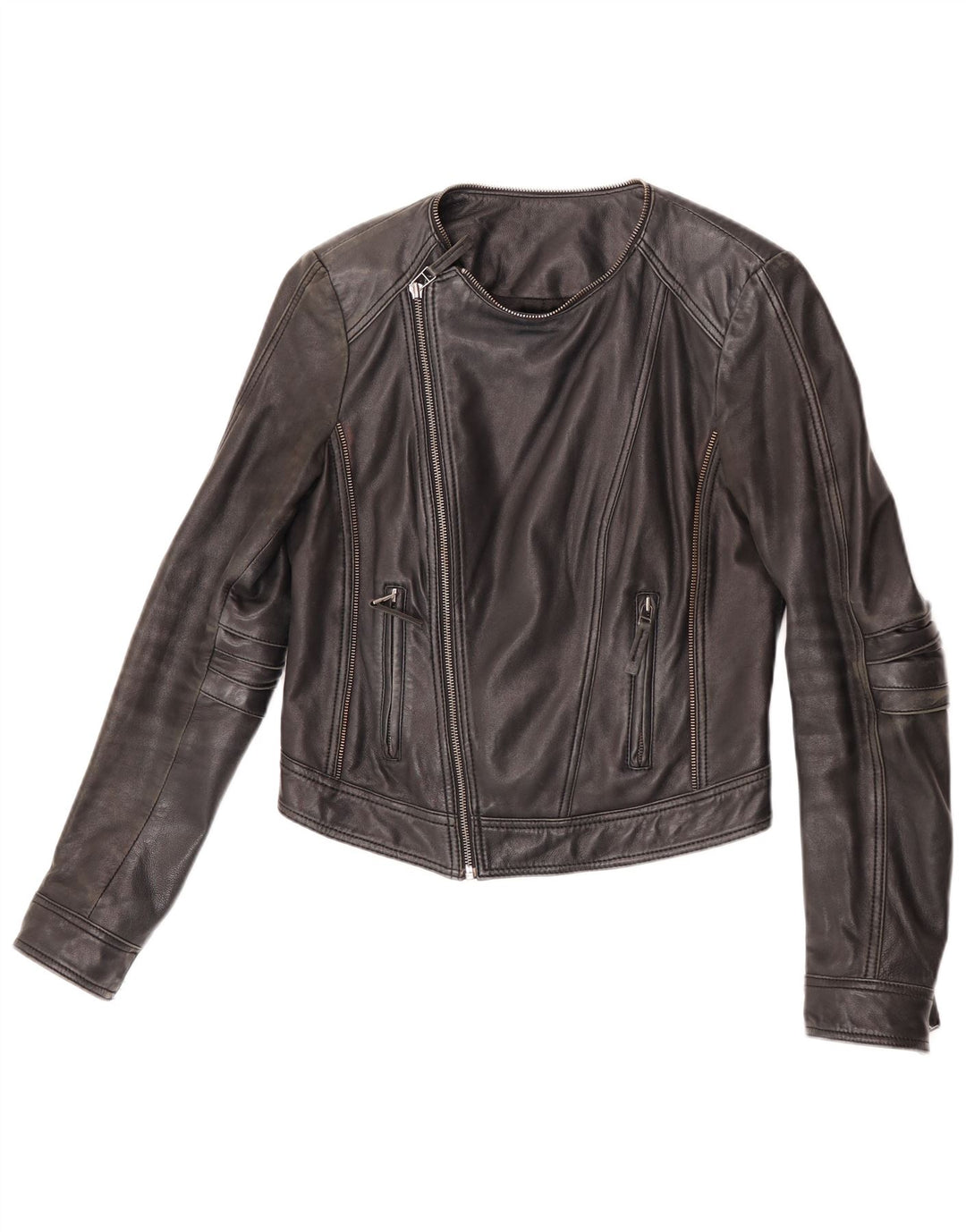Giacca in pelle da motociclista corta da donna Max UK 12 Pelle nera media