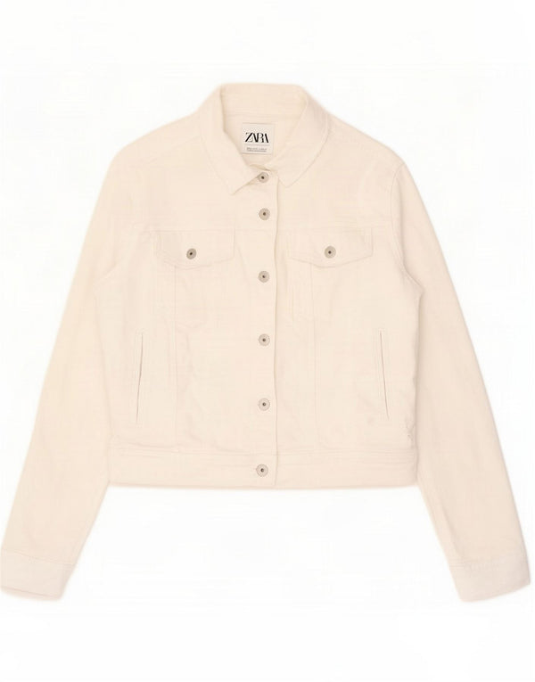 Zara Giacca di jeans da donna UK 16 Large White Cotton