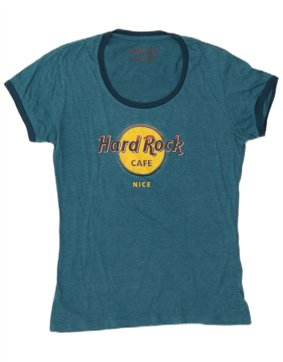 HARD ROCK CAFE T-shirt grafica bella da donna Top UK 14 grande cotone blu
