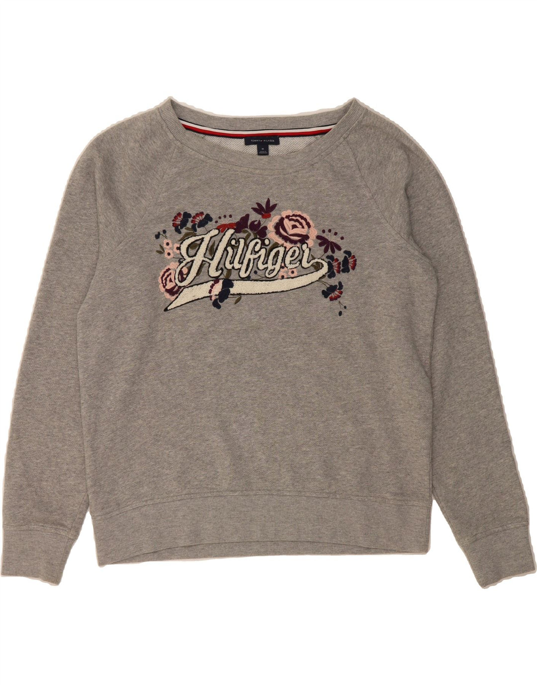 TOMMY HILFIGER Womens Graphic Sweatshirt Jumper UK 14 Medium Grey Floral Vintage Tommy Hilfiger and Second-Hand Tommy Hilfiger from Messina Hembry 