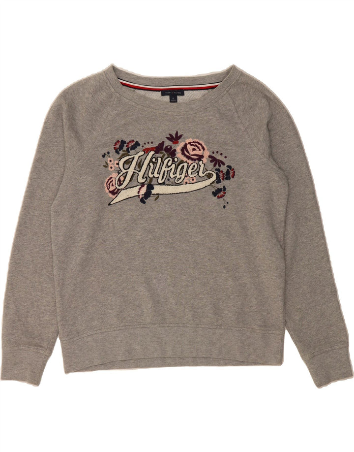 TOMMY HILFIGER Womens Graphic Sweatshirt Jumper UK 14 Medium Grey Floral Vintage Tommy Hilfiger and Second-Hand Tommy Hilfiger from Messina Hembry 