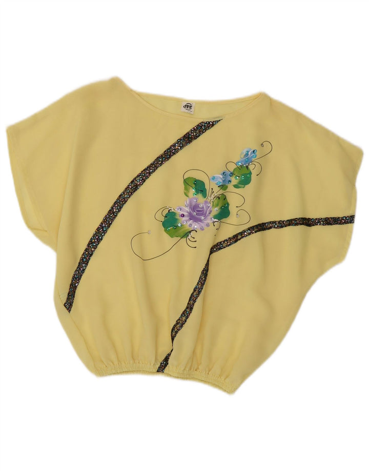 Top corto da donna vintage in camicetta UK 14 Poliestere floreale giallo medio