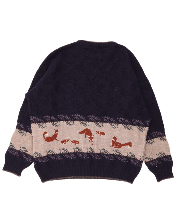 Maglione maglione girocollo con grafica vintage da uomo XL in lana color block viola