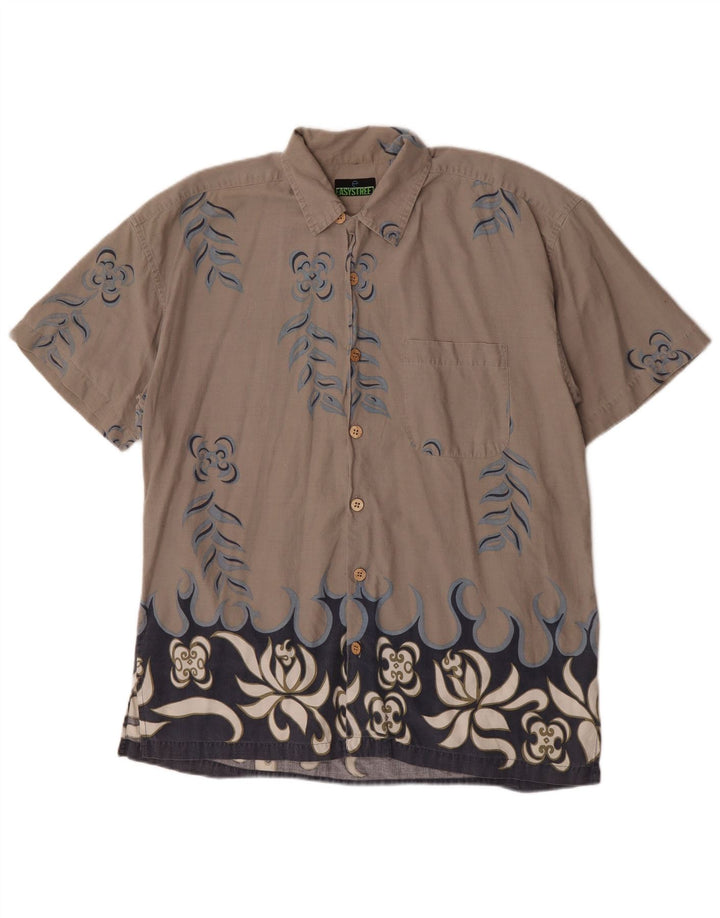 Camicia vintage da uomo a maniche corte in cotone floreale grigio grande