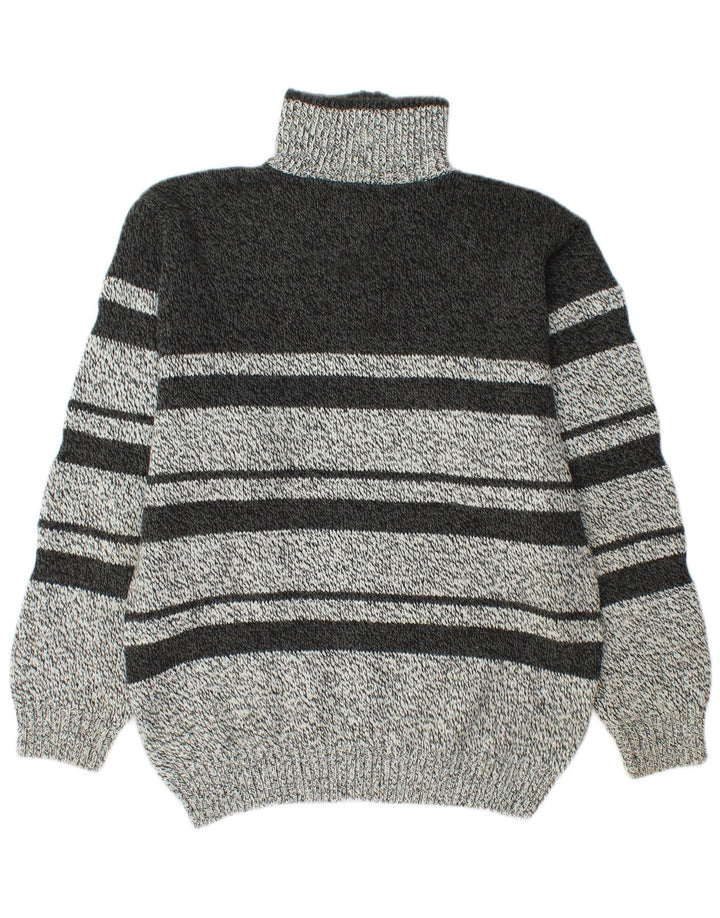 Maglione vintage da uomo con zip e collo in acrilico a righe grigio medio