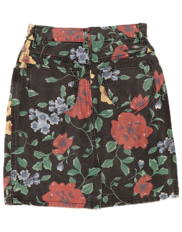 Gonna in denim vintage da donna UK 12 media W28 cotone floreale nero