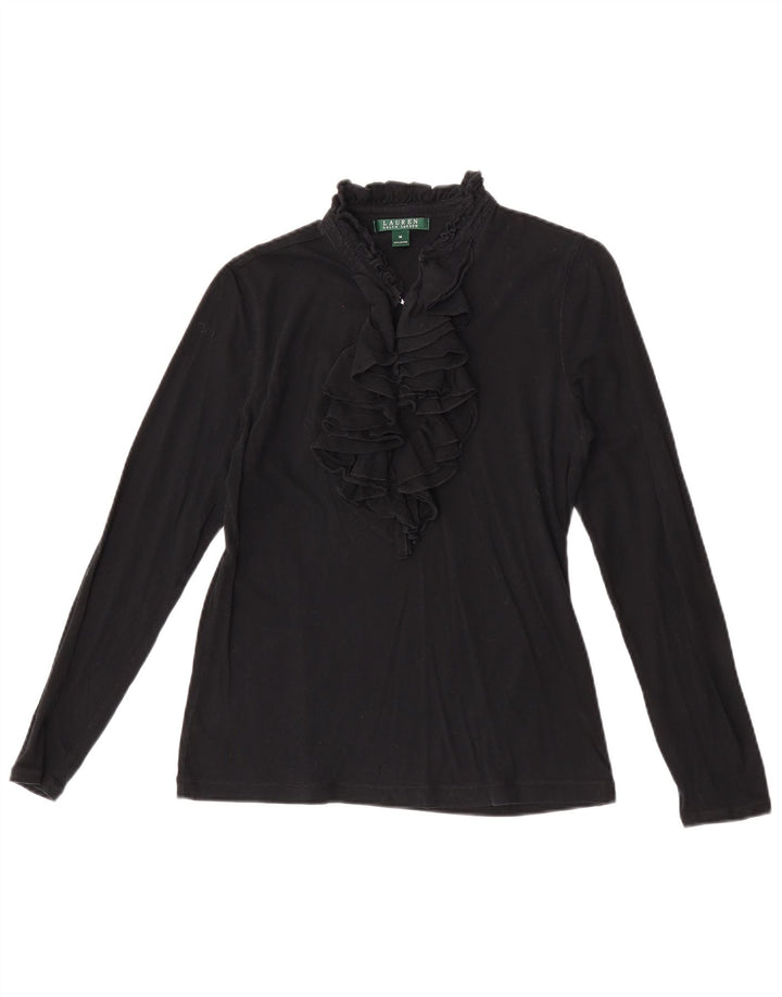 Ralph Lauren Top da donna con volant sul davanti manica lunga UK 12 Medio Nero