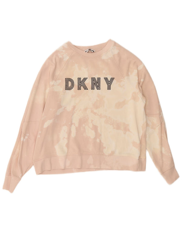 Felpa grafica da donna Dkny, maglione UK 14, cotone tie dye, rosa medio