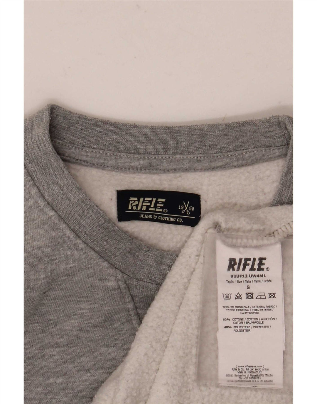 Felpa grafica da uomo Rifle, maglione piccolo in cotone chiazzato grigio