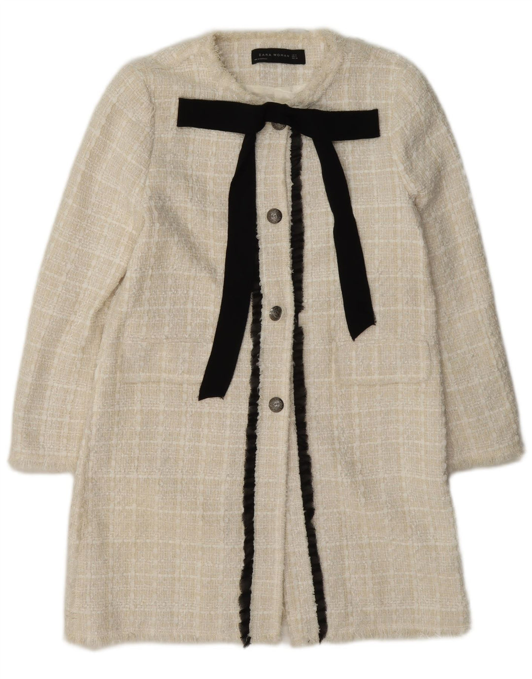 Giacca blazer a 3 bottoni lunga da donna Zara UK 12 cotone medio a quadri bianco